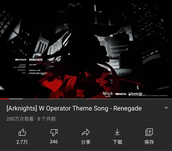 不愧是音角 W干员曲Renegade荣获电子游戏类最佳原创歌曲奖提名